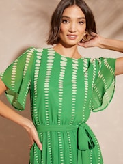 Love & Roses Green Spot Printed Tulip Sleeve Belted Pleated Midi Summer Dress - Image 2 of 4