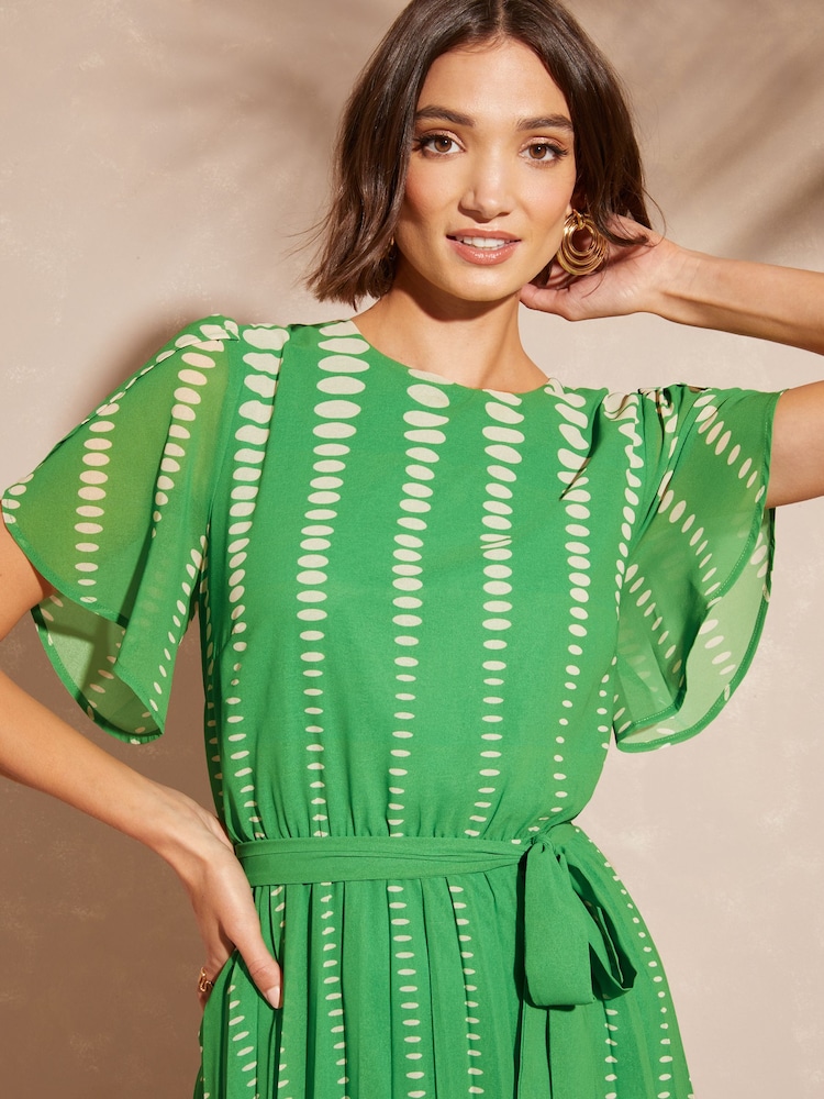 Love & Roses Green Spot Printed Tulip Sleeve Belted Pleated Midi Summer Dress - Image 2 of 4
