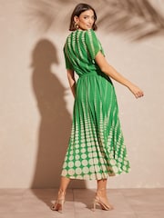 Love & Roses Green Spot Printed Tulip Sleeve Belted Pleated Midi Summer Dress - Image 3 of 4