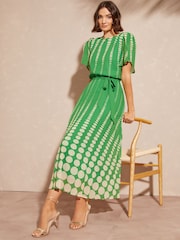 Love & Roses Green Spot Printed Tulip Sleeve Belted Pleated Midi Summer Dress - Image 4 of 4