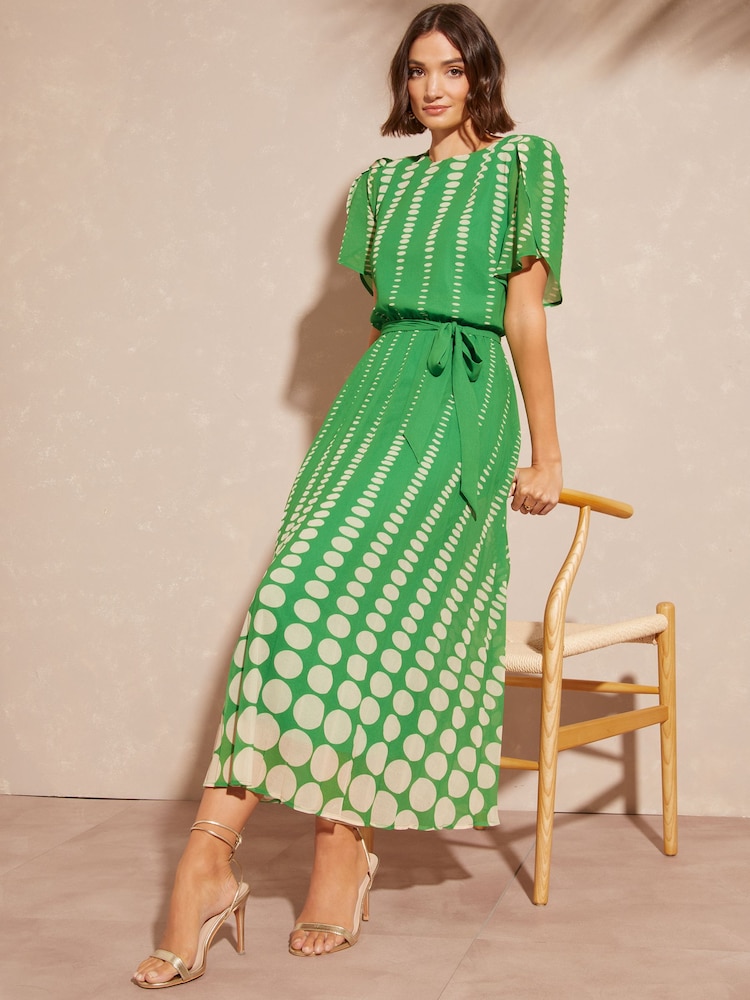 Love & Roses Green Spot Printed Tulip Sleeve Belted Pleated Midi Summer Dress - Image 4 of 4 Love & Roses Green Spot Printed Tulip Sleeve Belted Pleated Midi Summer Dress - Image 4 of 4