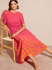Love & Roses Pink and Orange Printed Tulip Sleeve Belted Pleated Midi Summer Dress - Image 3 of 4