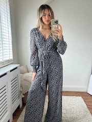 Style Cheat Black Floral Carly Wide Leg Wrap Jumpsuit - Image 1 of 4