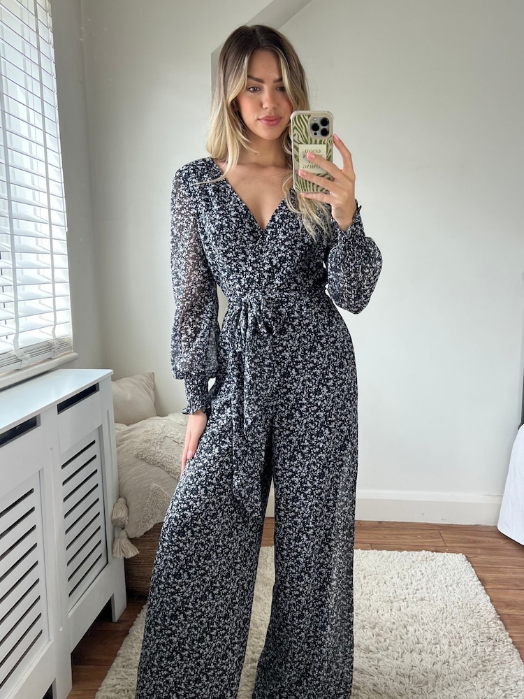 Style Cheat Black Floral Carly Wide Leg Wrap Jumpsuit - Image 1 of 4