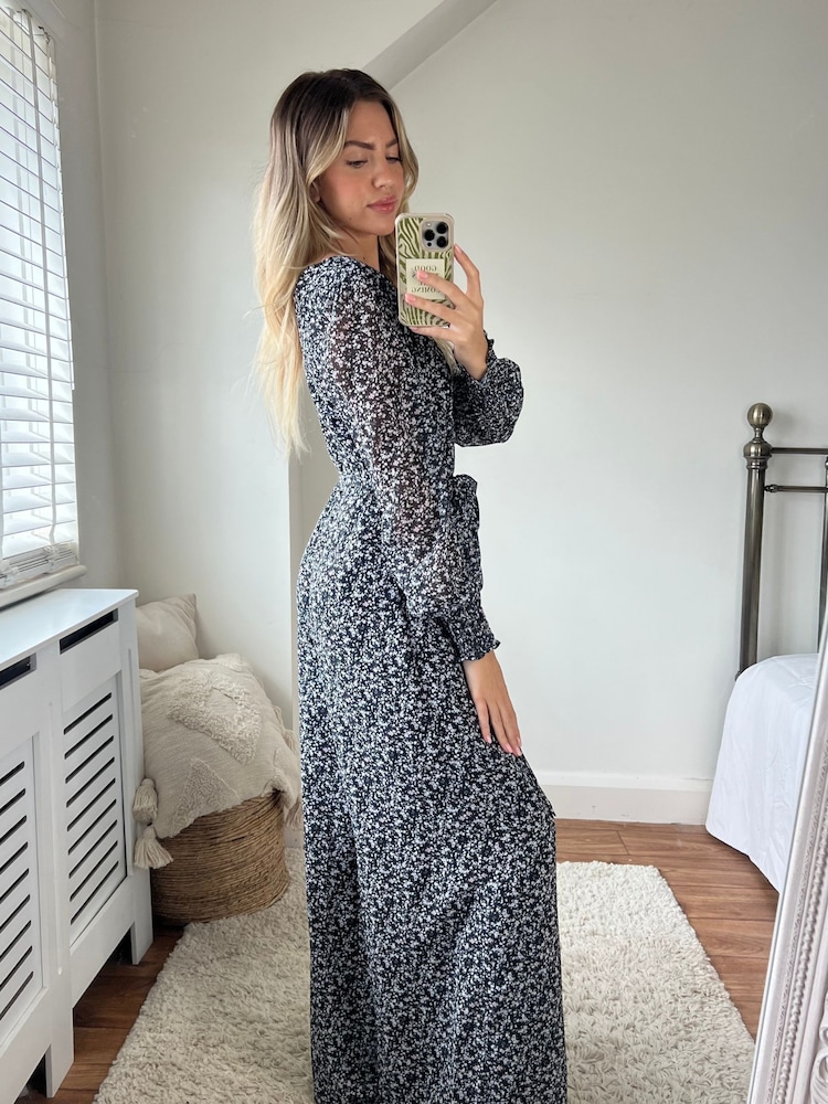 Style Cheat Black Floral Carly Wide Leg Wrap Jumpsuit - Image 2 of 4