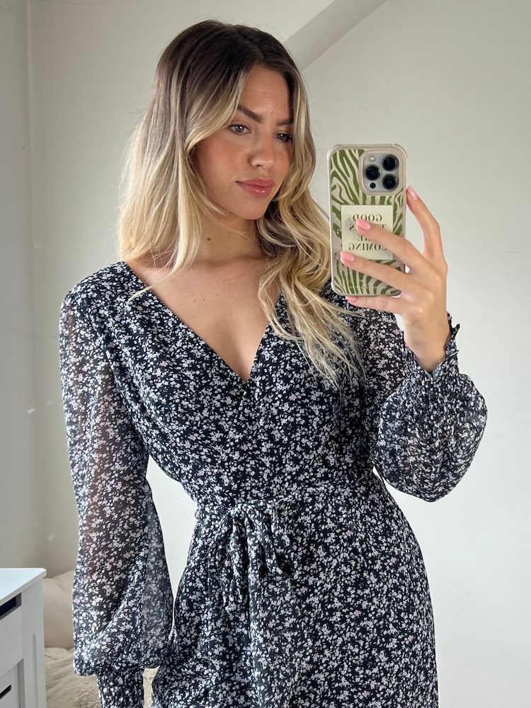 Style Cheat Black Floral Carly Wide Leg Wrap Jumpsuit - Image 4 of 4