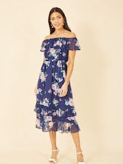 Yumi Blue Multi Floral Bardot Midi Dress With Frill Hem - Image 1 of 4