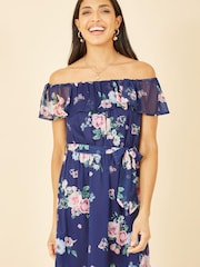 Yumi Blue Multi Floral Bardot Midi Dress With Frill Hem - Image 2 of 4