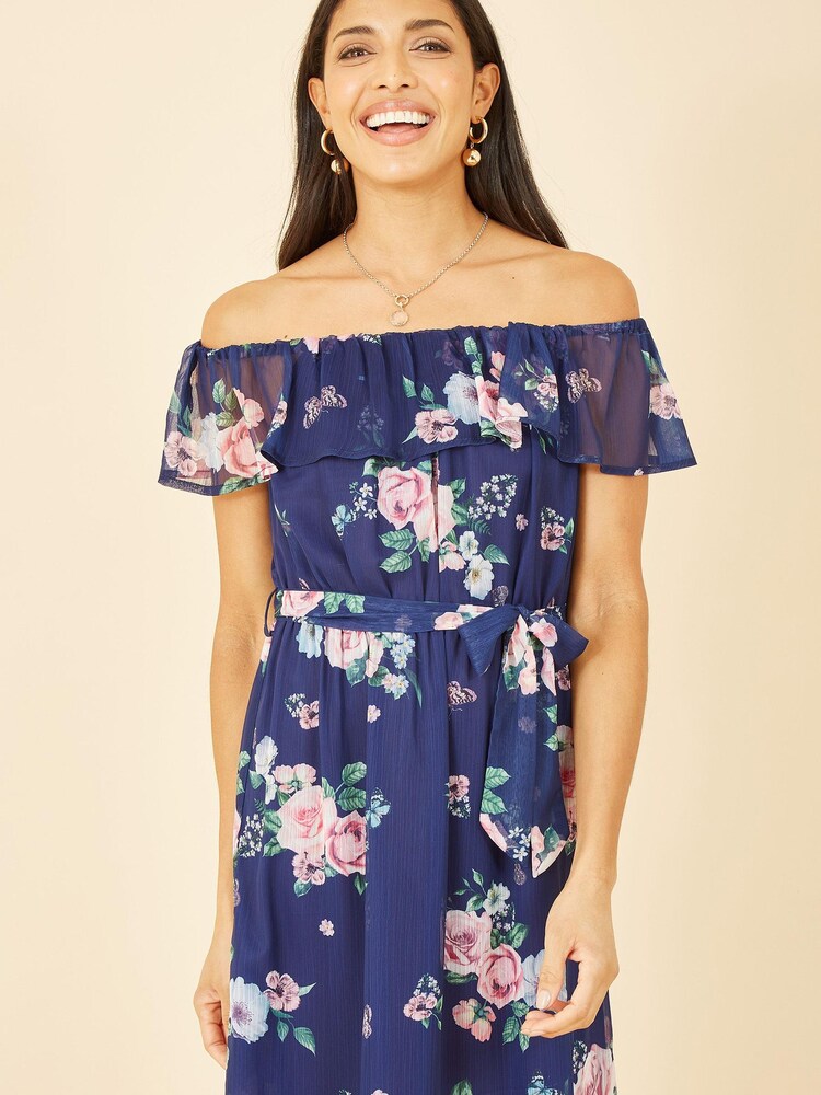 Yumi Blue Multi Floral Bardot Midi Dress With Frill Hem - Image 2 of 4