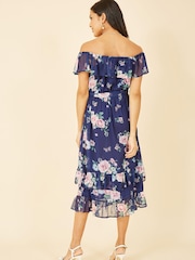Yumi Blue Multi Floral Bardot Midi Dress With Frill Hem - Image 3 of 4