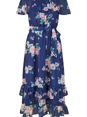 Yumi Blue Multi Floral Bardot Midi Dress With Frill Hem - Image 4 of 4