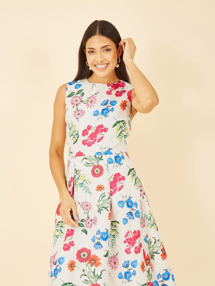 Yumi White Multi Botanical Floral Jacquard Skater Dress - Image 2 of 5 Yumi White Multi Botanical Floral Jacquard Skater Dress - Image 2 of 5