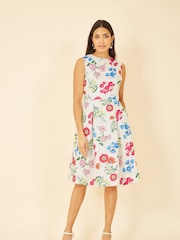 Yumi White Multi Botanical Floral Jacquard Skater Dress - Image 3 of 5