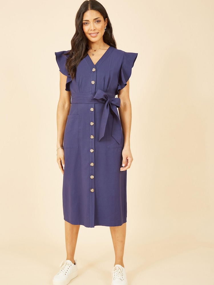 Yumi Blue Linen Blend Midi Shirt Dress - Image 1 of 4