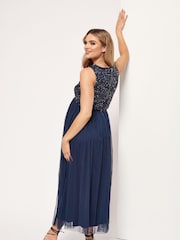 Maya Navy Blue Maternity Sequin Bodice Midi Dress - Image 1 of 4