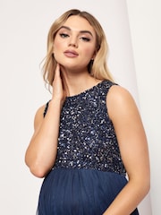 Maya Navy Blue Maternity Sequin Bodice Midi Dress - Image 2 of 4