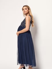 Maya Navy Blue Maternity Sequin Bodice Midi Dress - Image 3 of 4