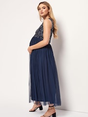 Maya Navy Blue Maternity Sequin Bodice Midi Dress - Image 4 of 4