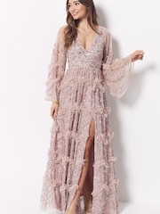 Maya Light Pink Premium Embellished Long Sleeve V-Neck Split Maxi Dress - Image 1 of 4