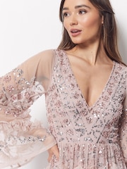 Maya Light Pink Premium Embellished Long Sleeve V-Neck Split Maxi Dress - Image 4 of 4