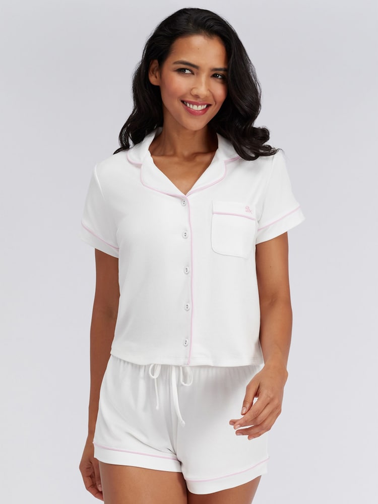 Boux Avenue White Ribbed Modal Short Sleeved Pyjama Top - Image 2 of 6
