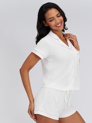Boux Avenue White Ribbed Modal Short Sleeved Pyjama Top - Image 5 of 6