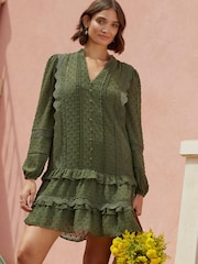 Love & Roses Khaki Green Regular Dobby Drop Waist Dress - Image 1 of 4