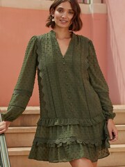 Love & Roses Khaki Green Regular Dobby Drop Waist Dress - Image 2 of 4