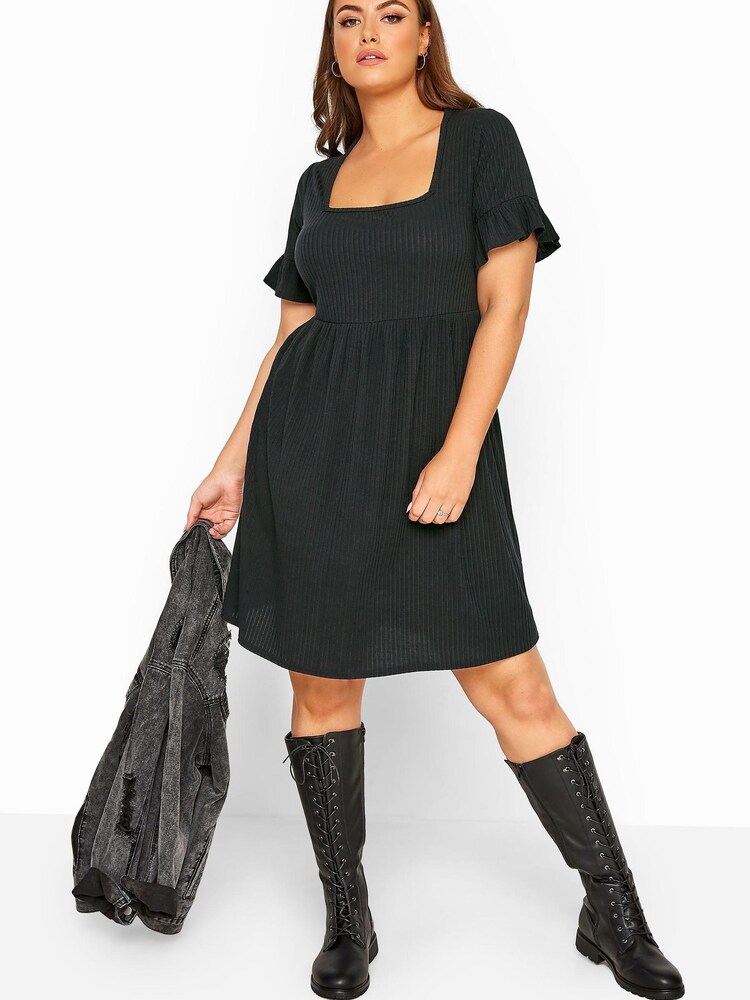 Yours Limited Black Collection Curve Ribbed Flare Sleeve Smock Dress - Image 4 of 4