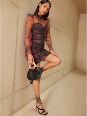 Chi Chi London Black High Neck Balloon Sleeve Floral Ruched Mini Dress - Image 3 of 5