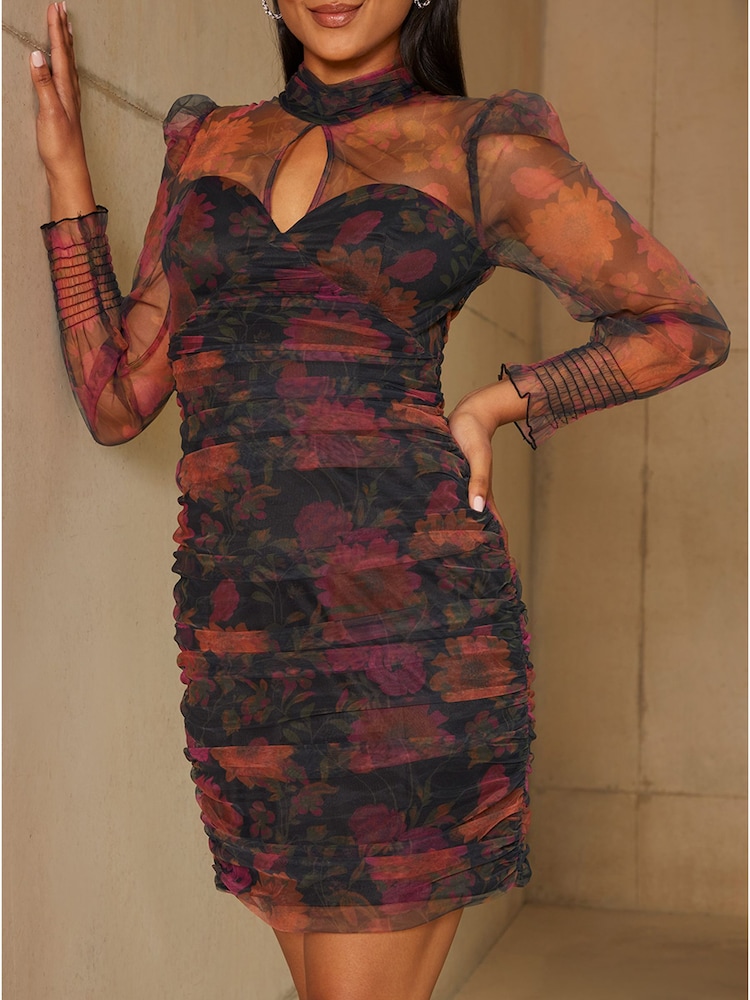 Chi Chi London Black High Neck Balloon Sleeve Floral Ruched Mini Dress - Image 5 of 5