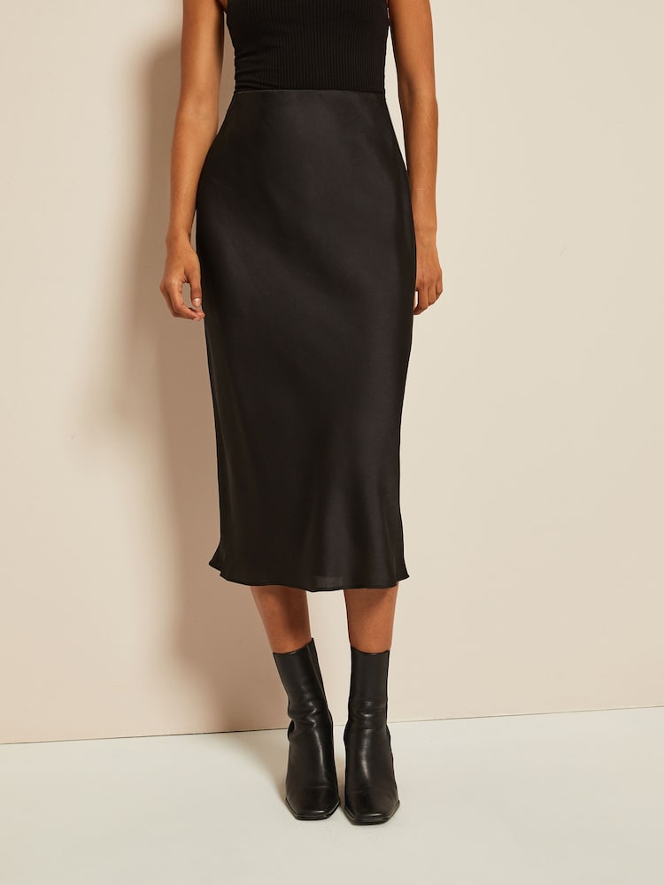 Curves Like These Black Satin Bias Midi Skirt - Image 1 of 4