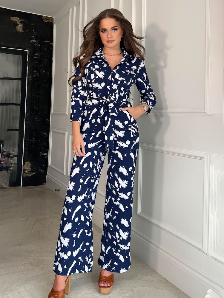 Girl In Mind Navy Blush Abstract Dott Shirt Detail Wide Leg Jumpsuit - Image 1 of 4 Girl In Mind Navy Blush Abstract Dott Shirt Detail Wide Leg Jumpsuit - Image 1 of 4