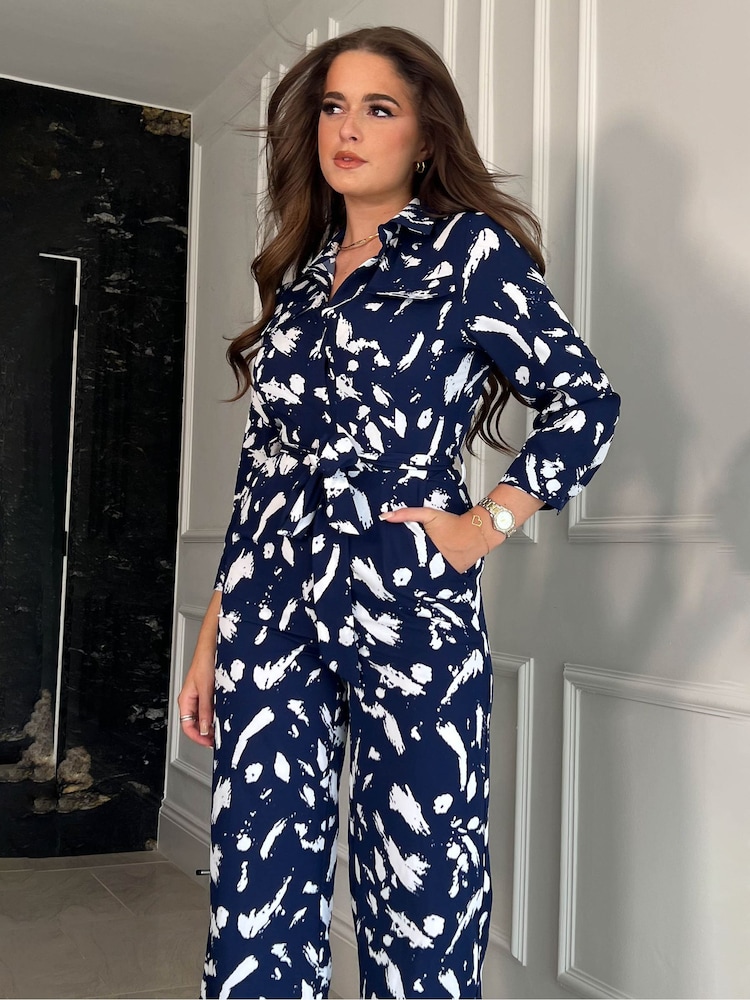 Girl In Mind Navy Blush Abstract Dott Shirt Detail Wide Leg Jumpsuit - Image 2 of 4 Girl In Mind Navy Blush Abstract Dott Shirt Detail Wide Leg Jumpsuit - Image 2 of 4