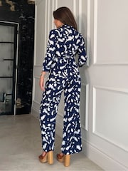 Girl In Mind Navy Blush Abstract Dott Shirt Detail Wide Leg Jumpsuit - Image 3 of 4