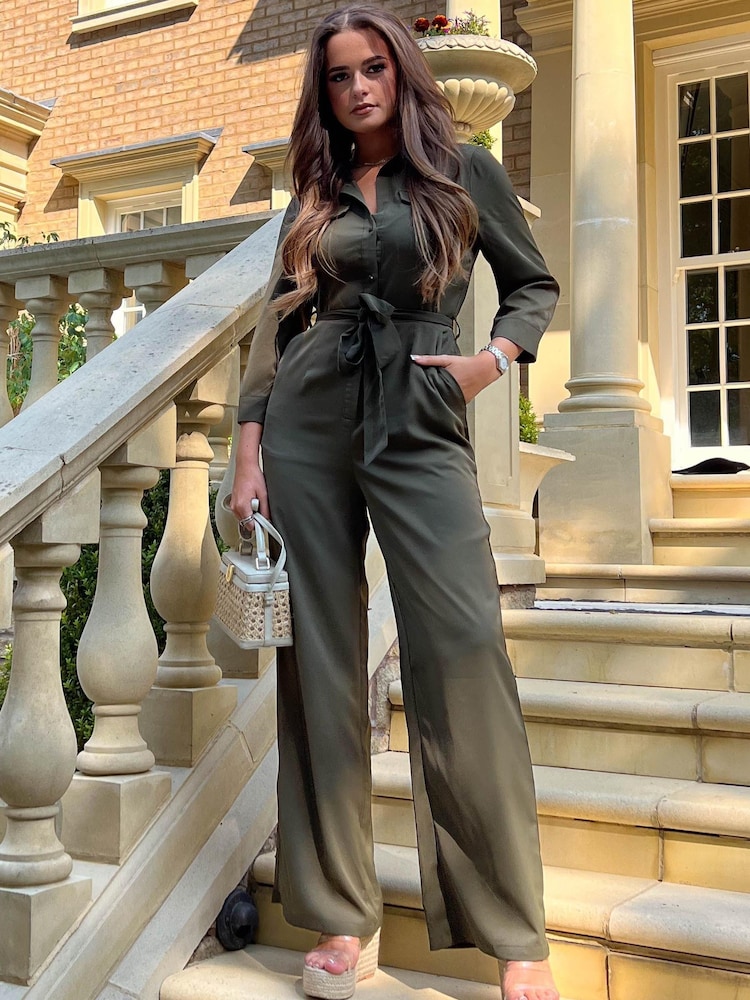 Girl In Mind Khaki Dott Shirt Detail Wide Leg Jumpsuit - Image 1 of 5