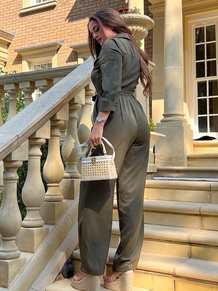 Girl In Mind Khaki Dott Shirt Detail Wide Leg Jumpsuit - Image 2 of 5