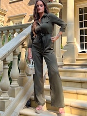 Girl In Mind Khaki Dott Shirt Detail Wide Leg Jumpsuit - Image 3 of 5