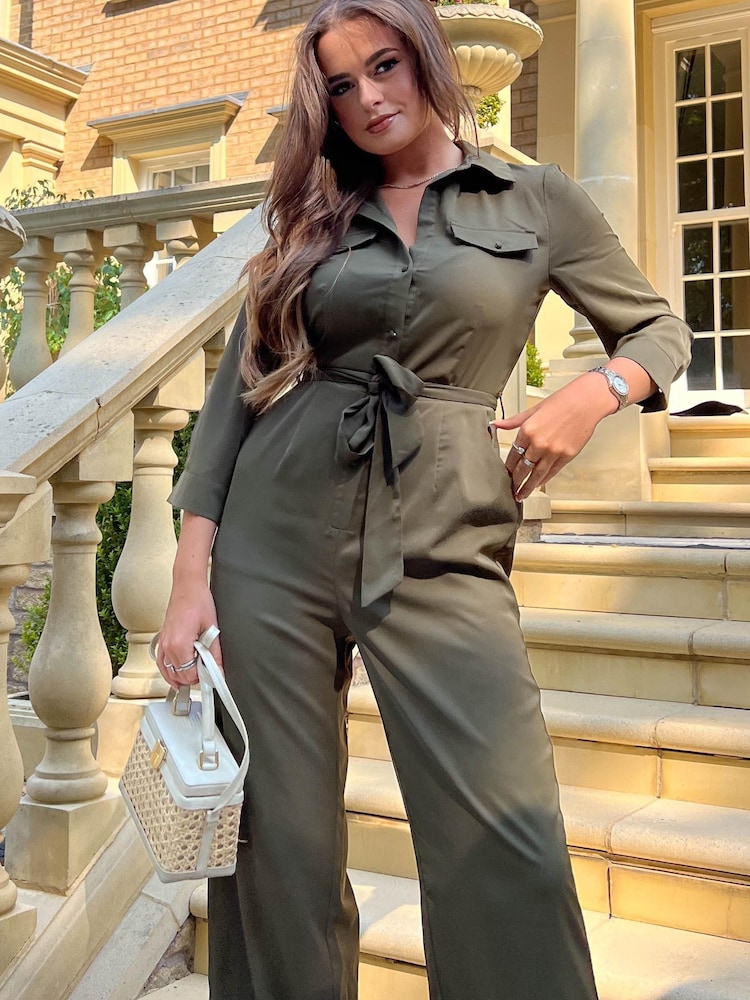 Girl In Mind Khaki Dott Shirt Detail Wide Leg Jumpsuit - Image 4 of 5