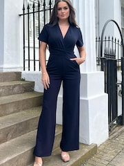 Girl In Mind Blue Wrap Over Slim Fit Jumpsuit - Image 1 of 4