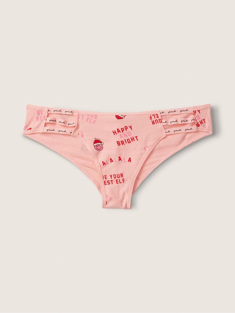 Victoria's Secret PINK Rosy Nectarine with Santa Smiles Pink Cotton Strappy Logo Cheeky Knickers - Image 1 of 1 Victoria's Secret PINK Rosy Nectarine with Santa Smiles Pink Cotton Strappy Logo Cheeky Knickers - Image 1 of 1