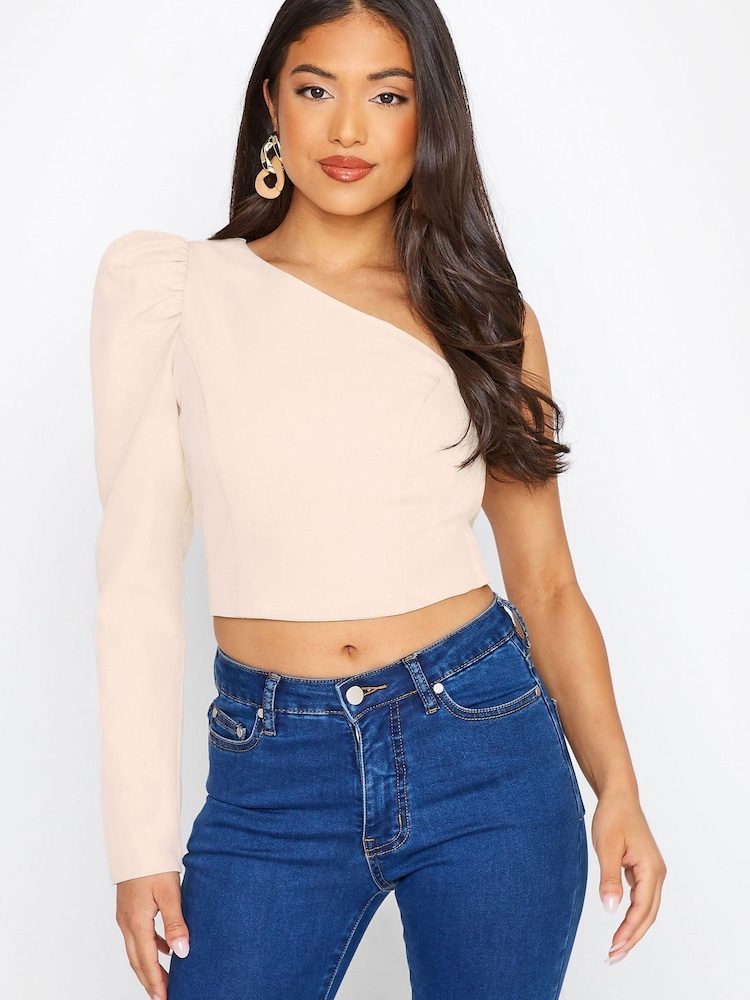 PixieGirl Petite Pink Ruched Sleeve One Shoulder Crop Top - Image 1 of 4