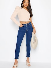 PixieGirl Petite Pink Ruched Sleeve One Shoulder Crop Top - Image 2 of 4