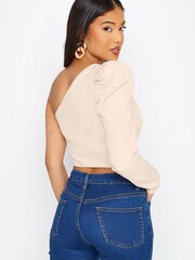 PixieGirl Petite Pink Ruched Sleeve One Shoulder Crop Top - Image 3 of 4