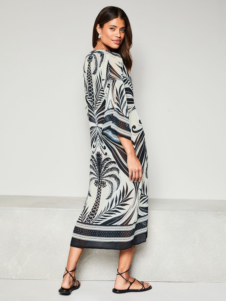 Lipsy Black/White Printed Sheer Tie Front Long Sleeve Summer Kimono - Image 2 of 4 Lipsy Black/White Printed Sheer Tie Front Long Sleeve Summer Kimono - Image 2 of 4