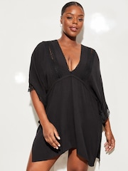 Lipsy Black Curve Crochet Lace Kaftan Cover Up - Image 1 of 4