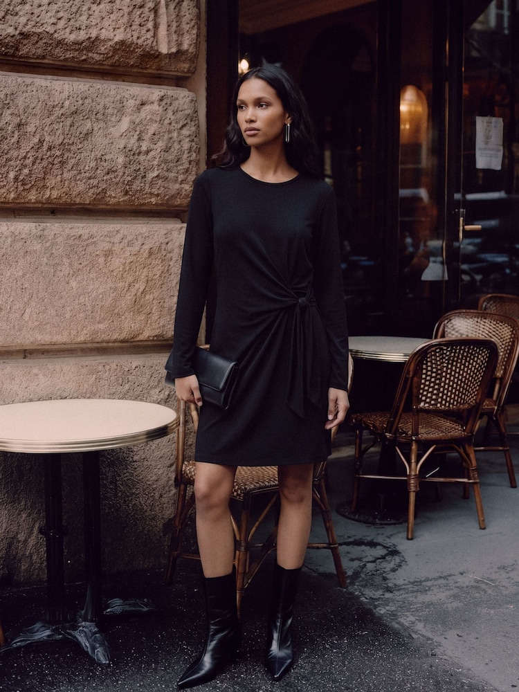 VERO MODA Black Long Sleeve Tie Waist Dress - Image 2 of 5