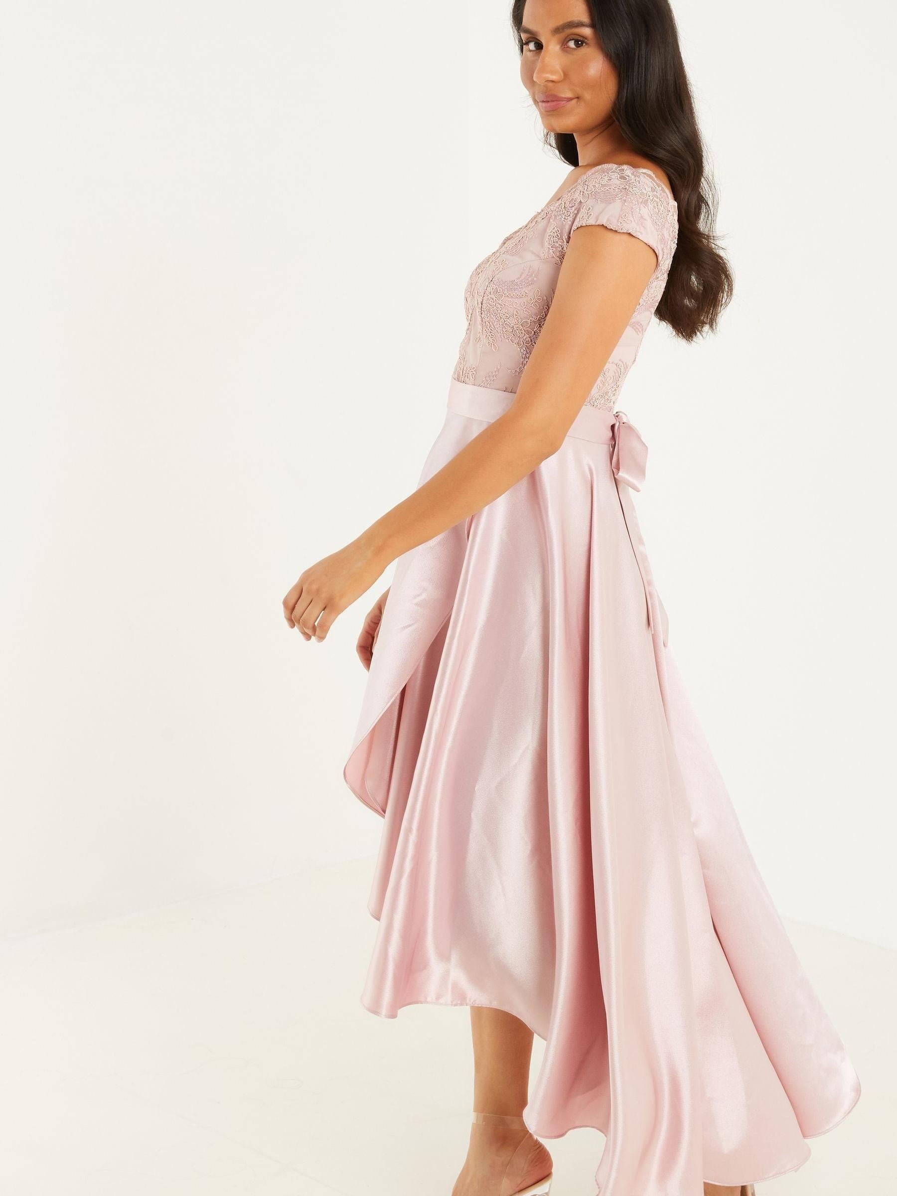 Buy Quiz Pink Lace Bardot Dip Hem Dress from Next Luxembourg