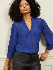 Love & Roses Blue Dobby Spot Lace Trim 3/4 Sleeve Button Through Blouse - Image 1 of 4