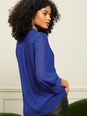 Love & Roses Blue Dobby Spot Lace Trim 3/4 Sleeve Button Through Blouse - Image 2 of 4